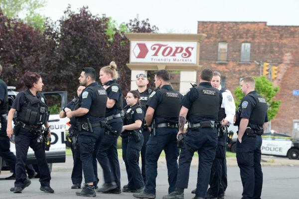 Police on scene at a Tops Friendly Market after a mass shooting at the store in Buffalo, N.Y., on May 14, 2022. (John Normile/Getty Images)