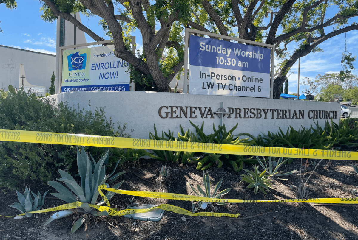 Police tape at Geneva Presbyterian Church after a shooting left one dead and four critically injured in Laguna Woods, Calif., on May 15, 2022. (Vanessa Serna/The Epoch Times)