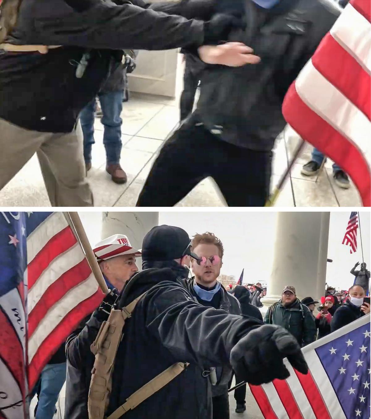 A man who had just pulled a pane of glass out of a Capitol window shoves Gavin Crowl of Lincoln, Nebraska, and accuses him of the vandalism. (Bobby Powell/Screenshots via The Epoch Times)