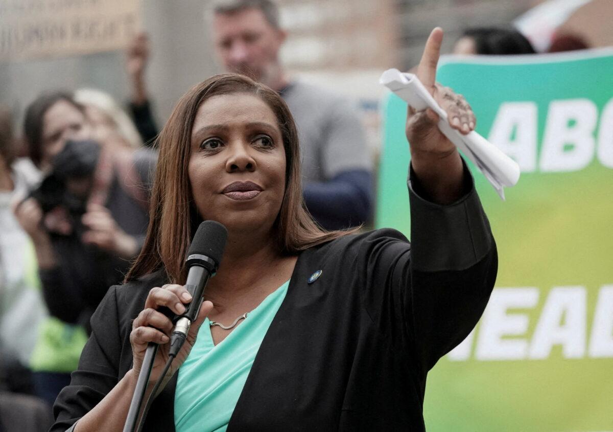New York State Attorney General Letitia James gives a speech as she participates in a protest in Foley Square, after the leak of a draft majority opinion written by Justice Samuel Alito preparing for a majority of the court to overturn the landmark Roe v. Wade abortion rights decision later this year, in New York City on May 3, 2022. (Reuters/Jeenah Moon)