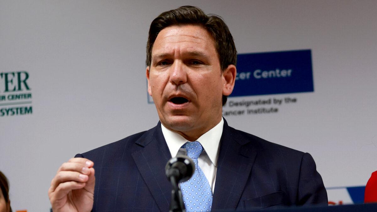 Florida Gov. Ron DeSantis speaks during a press conference at the University of Miami Health System Don Soffer Clinical Research Center in Miami on May 17, 2022. (Joe Raedle/Getty Images)