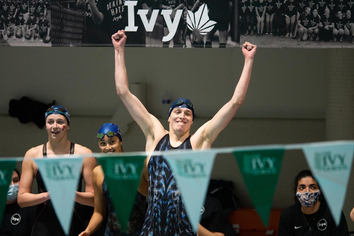 University of Pennsylvania swimmer Lia Thomas reacts after her team wins the 400 yard freestyle relay during the 2022 Ivy League Women's Swimming and Diving Championships at Blodgett Pool in Cambridge, Mass., on Feb. 19, 2022. (Kathryn Riley/Getty Images)