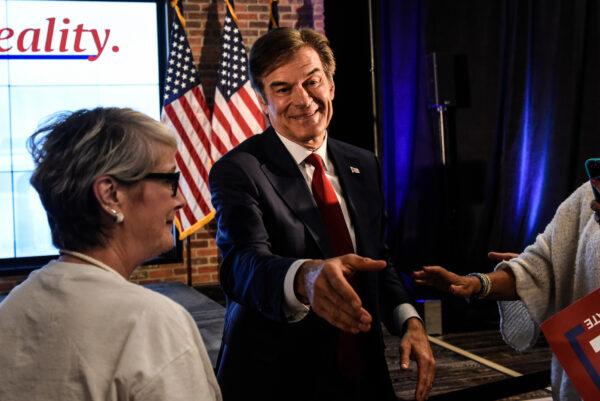 Republican U.S. Senate nominee Mehmet Oz greets supporters after the primary race resulted in an automatic recount due to close results in Newtown, Pa., on May 17, 2022. (Stephanie Keith/Getty Images)