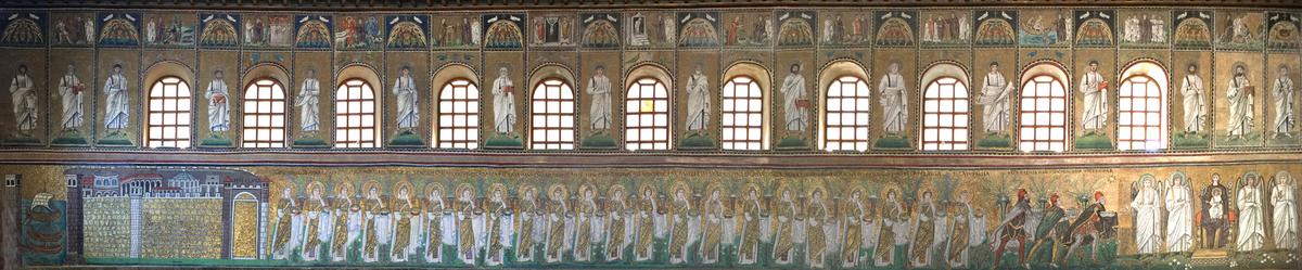 A panorama captures a side wall in the Basilica of Sant'Apollinare Nuovo. (Chester M. Wood/CC BY-SA 4.0)