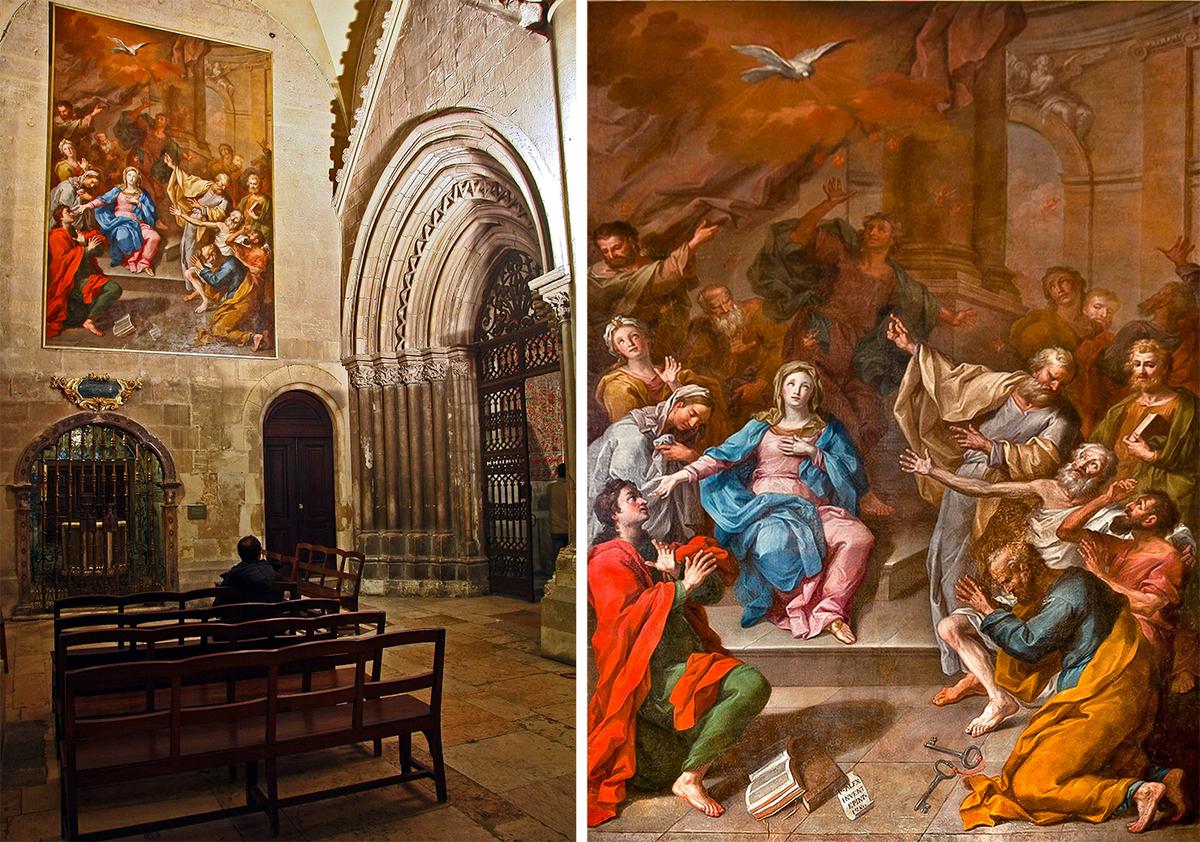 Interior of the Lisbon Cathedral with the painting "Descent from Pentecost," 1780, by Pedro Alexandrino de Carvalho. Left: (Vitor Oliveira/CC BY-SA 2.0), Right: (Public Domain)