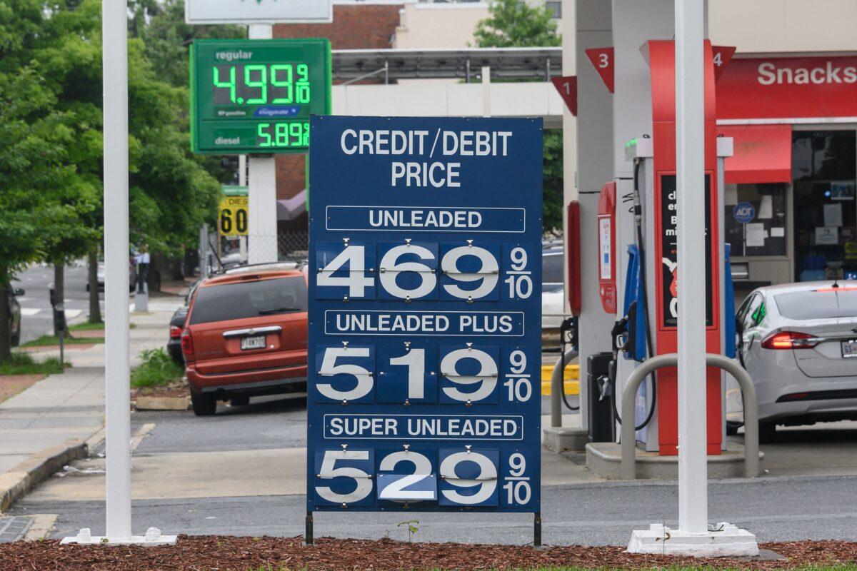Gasoline prices are posted at a gas station in Washington on May 26, 2022. (Nicholas Kamm/AFP via Getty Images)