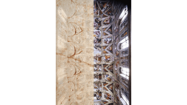 Comparison between Michelangelo's sketch of the Sistine ceiling's architectural outline (Archivio Buonarroti, XIII, 175v) and a view from below of the ceiling. Comparison by Adriano Marinazzo (2013). (Verdiana1974/CC BY-SA 4.0)