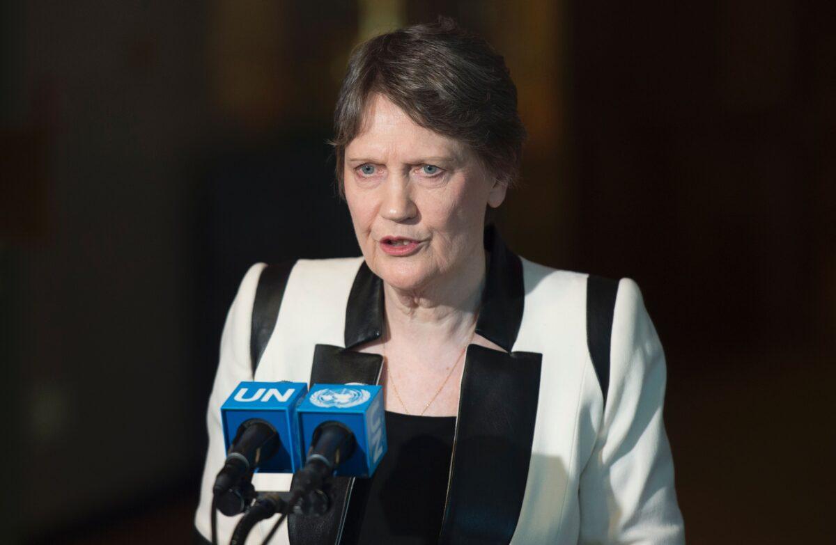 Helen Clark, former prime minister of New Zealand and administrator of the United Nations Development Program, speaks with reporters on April 14, 2016. (Don Emmert/AFP via Getty Images)