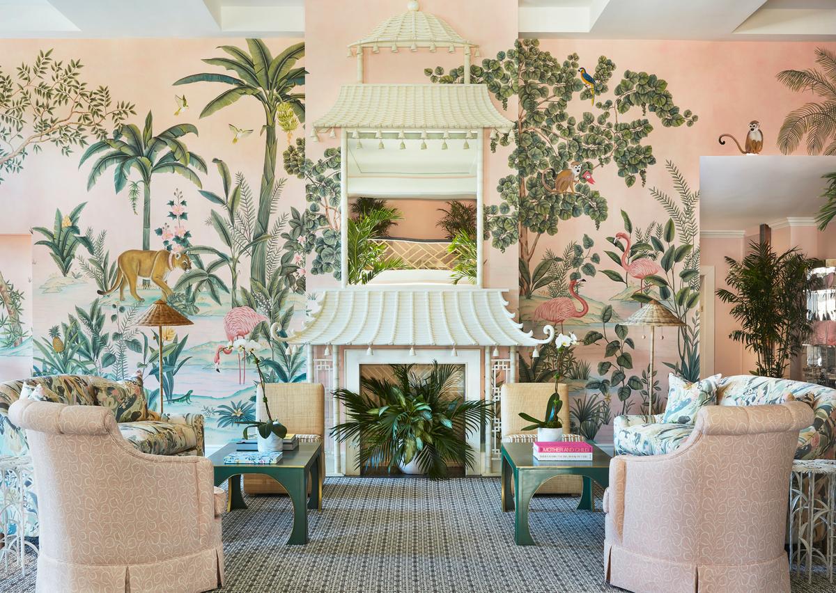 “The Colony” on Pink edo paper, designed exclusively for the lobby of the Colony Hotel in Palm Beach, Fla. Inspired by the original mural in the hotel lobby when it first opened in 1947, the design features flora and fauna indigenous to South Florida. (Courtesy of de Gournay)