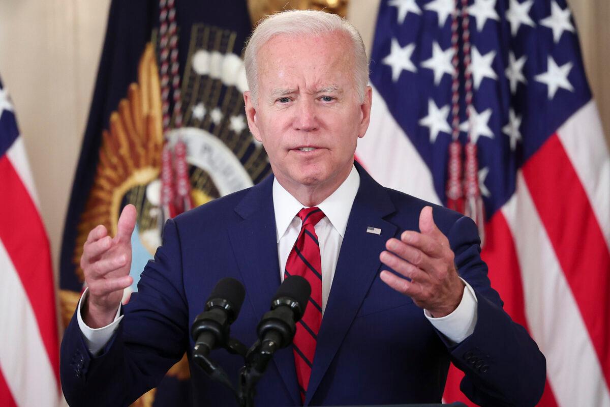 President Joe Biden delivers remarks before signing nine bills into law with the goal of improving military veterans' lives in the State Dining Room at the White House on June 7, 2022. (Win McNamee/Getty Images)