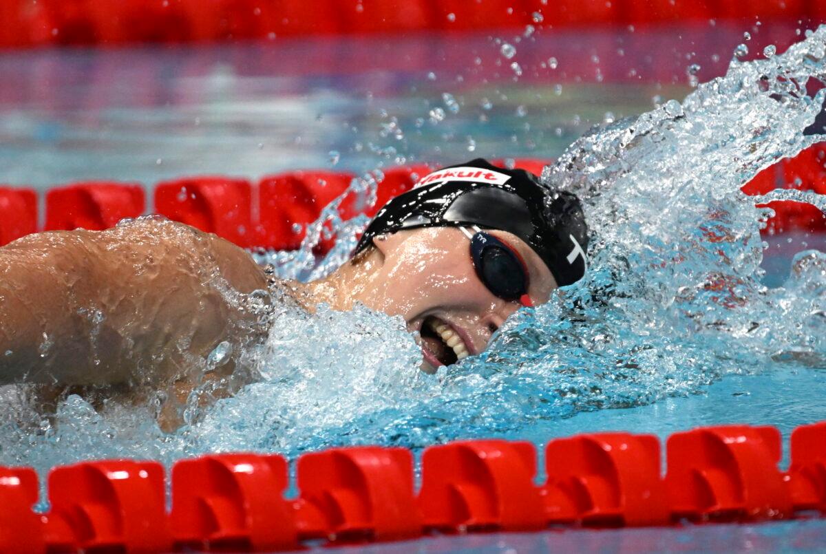 Katie Ledecky of the United States competes in the Women's 800m Freestyle final at the 19th FINA World Championships in Budapest, Hungary, on June 24, 2022. (Anna Szilagyi/AP Photo)