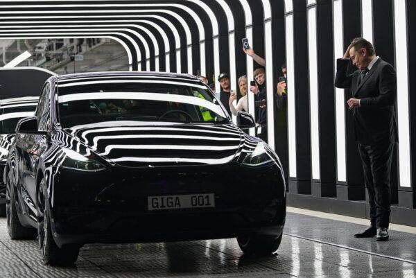 Elon Musk attends the opening ceremony of the new Tesla Gigafactory for electric cars in Gruenheide, Germany, March 22, 2022. (Patrick Pleul/Pool via Reuters)