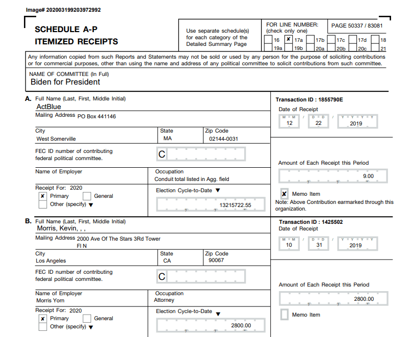 A screenshot of a receipt showing lawyer Kevin Morris's $2,800 donation to Joe Biden's election campaign in 2020; obtained from the Federal Elections Commission website on June 14, 2022. (Federal Elections Commission)