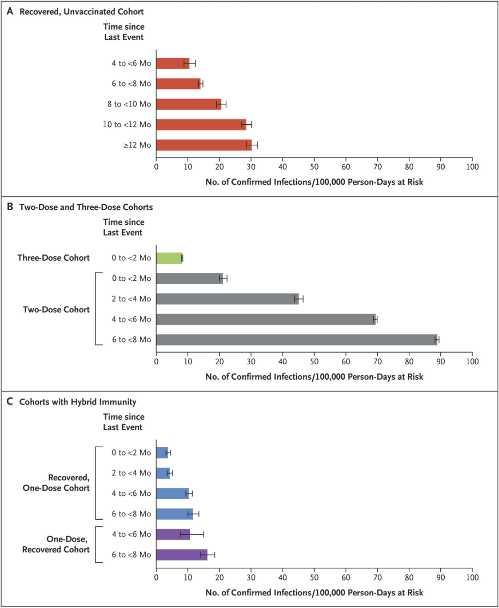 Estimated Covariate-Adjusted Rates of Confirmed Infections per 100,000 Person-Days at Risk. (Screenshot of Fig 3 "Protection and Waning of Natural and Hybrid Immunity to SARS-CoV-2," From The New England Journal of Medicine)