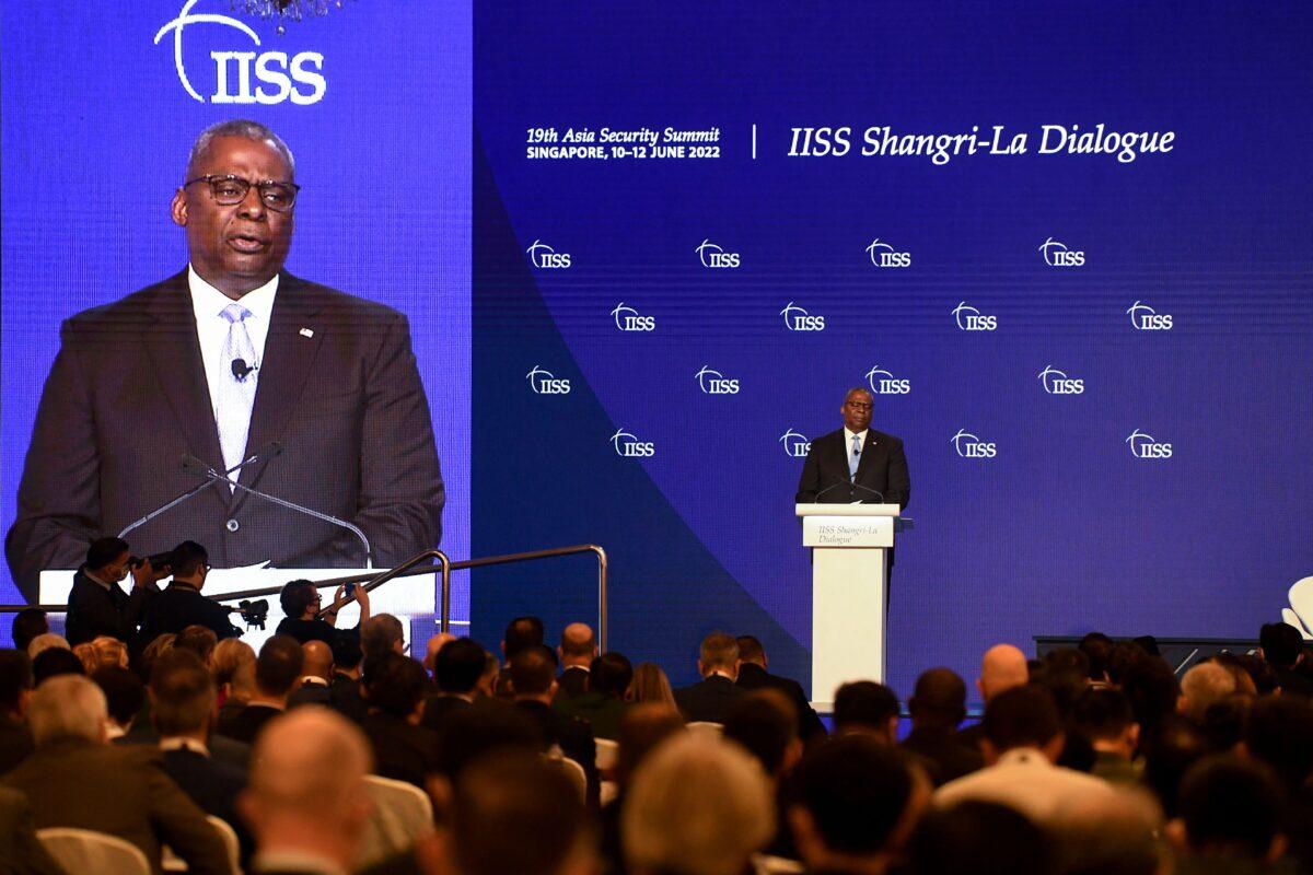 U.S. Defense Secretary Lloyd Austin speaks at the Shangri-La Dialogue summit in Singapore on June 11, 2022. (Roslan Rahman/AFP via Getty Images)