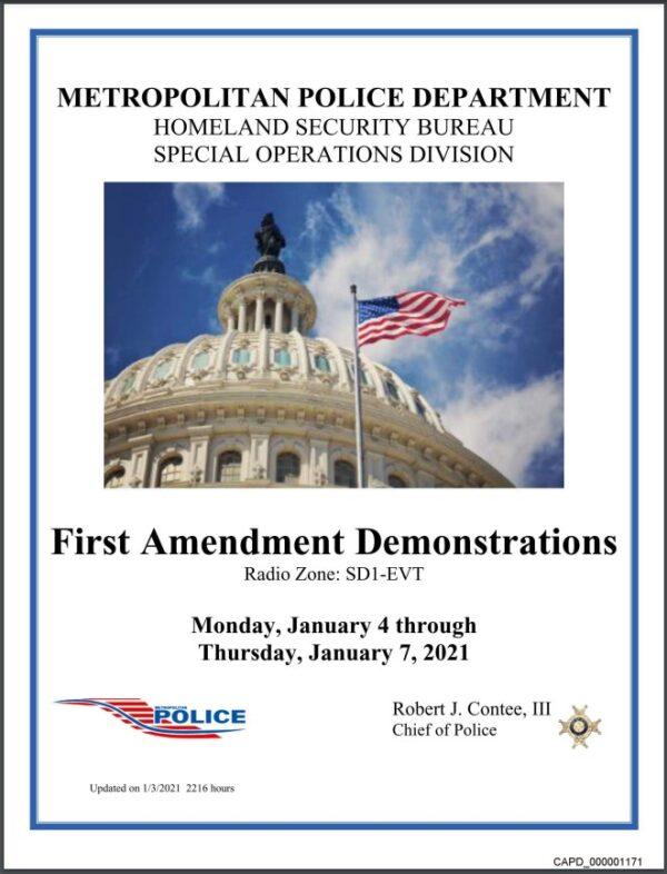 Cover page for the First Amendment Demonstrations report, issued Jan. 3, 2021, by the Metropolitan Police Department, Homeland Security Bureau, Special Operations Division. (Obtained by The Epoch Times)
