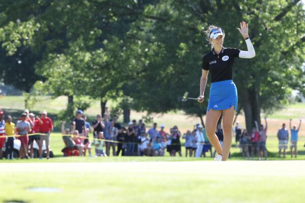 Nelly Korda of The United States celebrates the birdie on the 18th green during round three of the Meijer LPGA Classic at Blythefield Country Club, in Grand Rapids, Mich., on June 18, 2022. (Rey Del Rio/Getty Images)