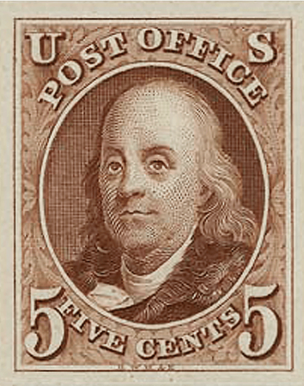 A five- cent postage stamp featuring Benjamin Franklin in 1847. (Public Domain)