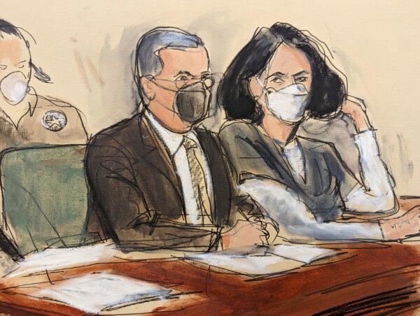 In this courtroom sketch, Ghislaine Maxwell, right, is seated beside her attorney, Christian Everdell, as they watch the prosecutor speak during her sentencing, Tuesday, June 28, 2022, in New York. (AP Photo/Elizabeth Williams)