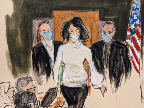 In this courtroom sketch, Ghislaine Maxwell enters the courtroom escorted by U.S. Marshalls at the start of her trial, Nov. 29, 2021, in New York. (AP Photo/Elizabeth Williams, File)