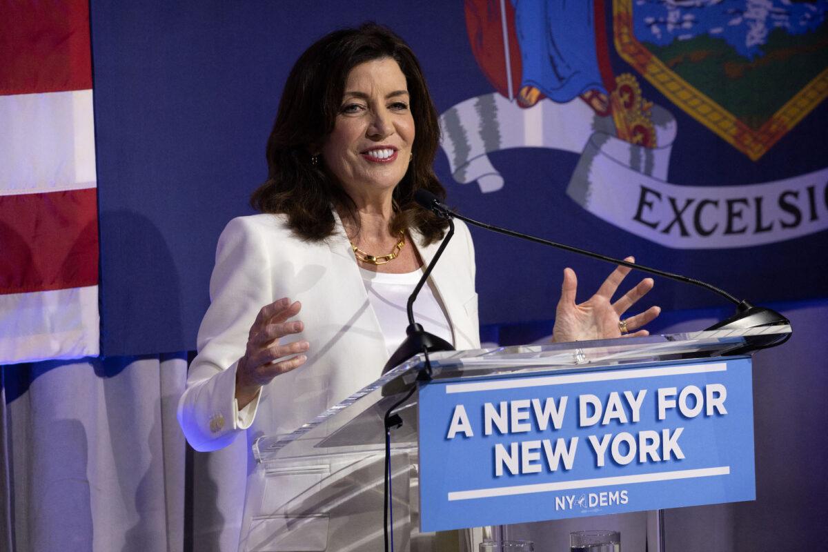 New York Gov. Kathy Hochul speaks during the primary election night party for New York Governor in New York City, on June 28, 2022. (Yuki Iwamura/AFP via Getty Images)