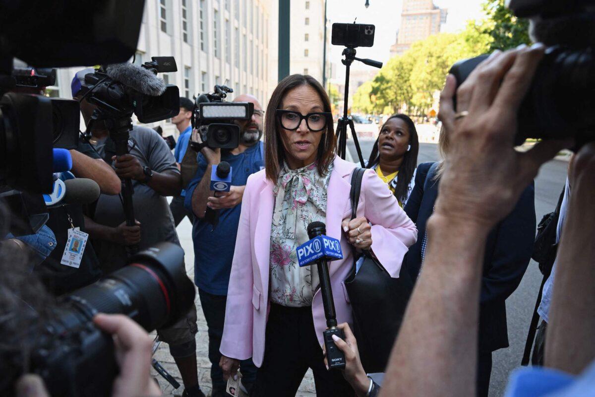 U.S. attorney Jennifer Bonjean speaks to members of the media as she arrives for the sentencing hearing of U.S. singer R. Kelly at Brooklyn Federal Court in New York, on June 29, 2022. (Angela Weiss/AFP via Getty Images)