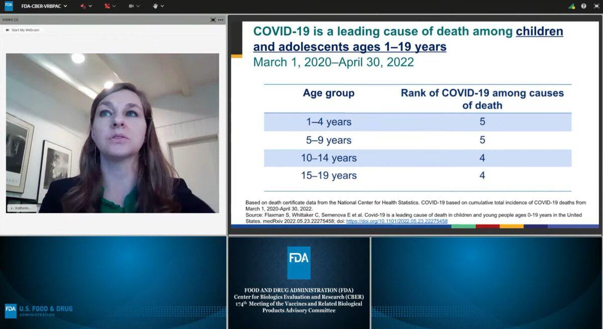 In this image from video, Dr. Katherine Fleming-Dutra of the Centers for Disease Control and Prevention presents to the Food and Drug Administration's Vaccines and Related Biological Products Advisory Committee during a virtual meeting on June 14, 2022. (FDA via The Epoch Times)