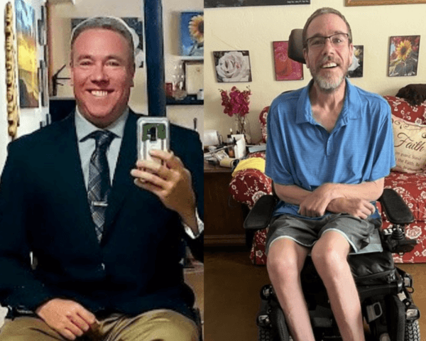 Douglas Howey before and after amyotrophic lateral sclerosis, Douglas has lost more than 100 pounds between the two photos (Courtesy of Linda Howey)