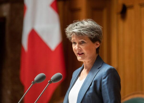 Swiss Environment, Energy and Transport Minister Simonetta Sommaruga addresses a session of the Swiss federal parliament at the Bundeshaus in Bern, Switzerland, on May 2, 2022. (Arnd Wiegmann/Reuters)