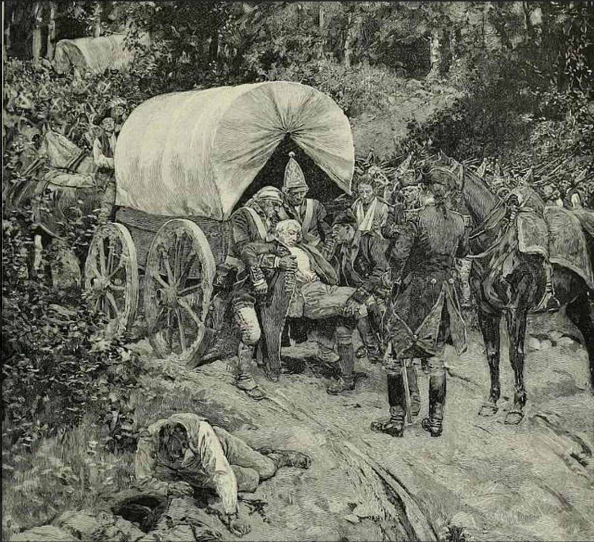 “The Death of Braddock. G.W. Placed the General in a Small Covered Cart” by Howard Pyle and engraved by C.W. Chadwick, 1893. (Public Domain)