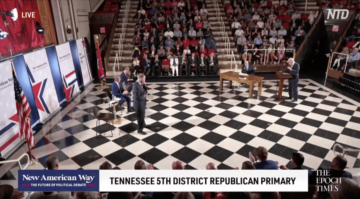 Tres Wittum (R), Andy Ogles (C), and Jeff Beierlein (L) appeared at the Tennessee 5th Congressional District debate on July 12. (EpochTV)