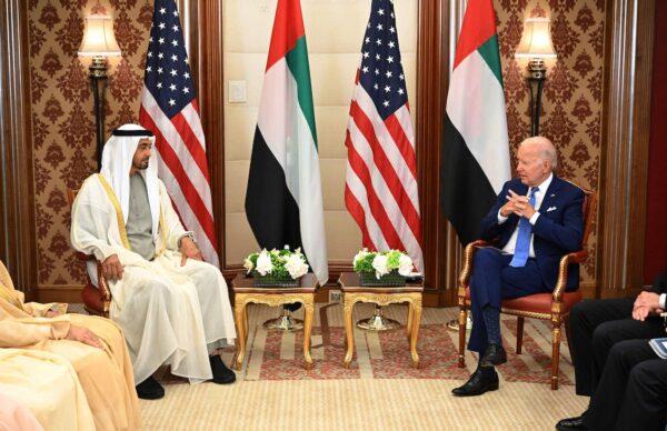 President Joe Biden (R) and UAE President Sheikh Mohamed bin Zayed al-Nahyan (L) attend a bilateral meeting at a hotel in Jeddah, Saudi Arabia, on July 16, 2022. (Mandel Ngan/AFP/Getty Images)