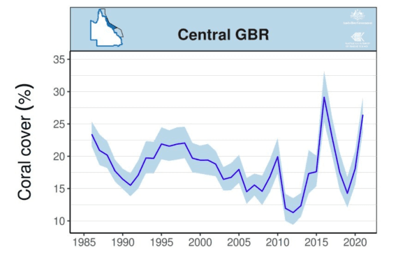 Trends in average hard coral cover (blue line) for the Central GBR based on manta tow surveys up. (AIMS/Screenshot)