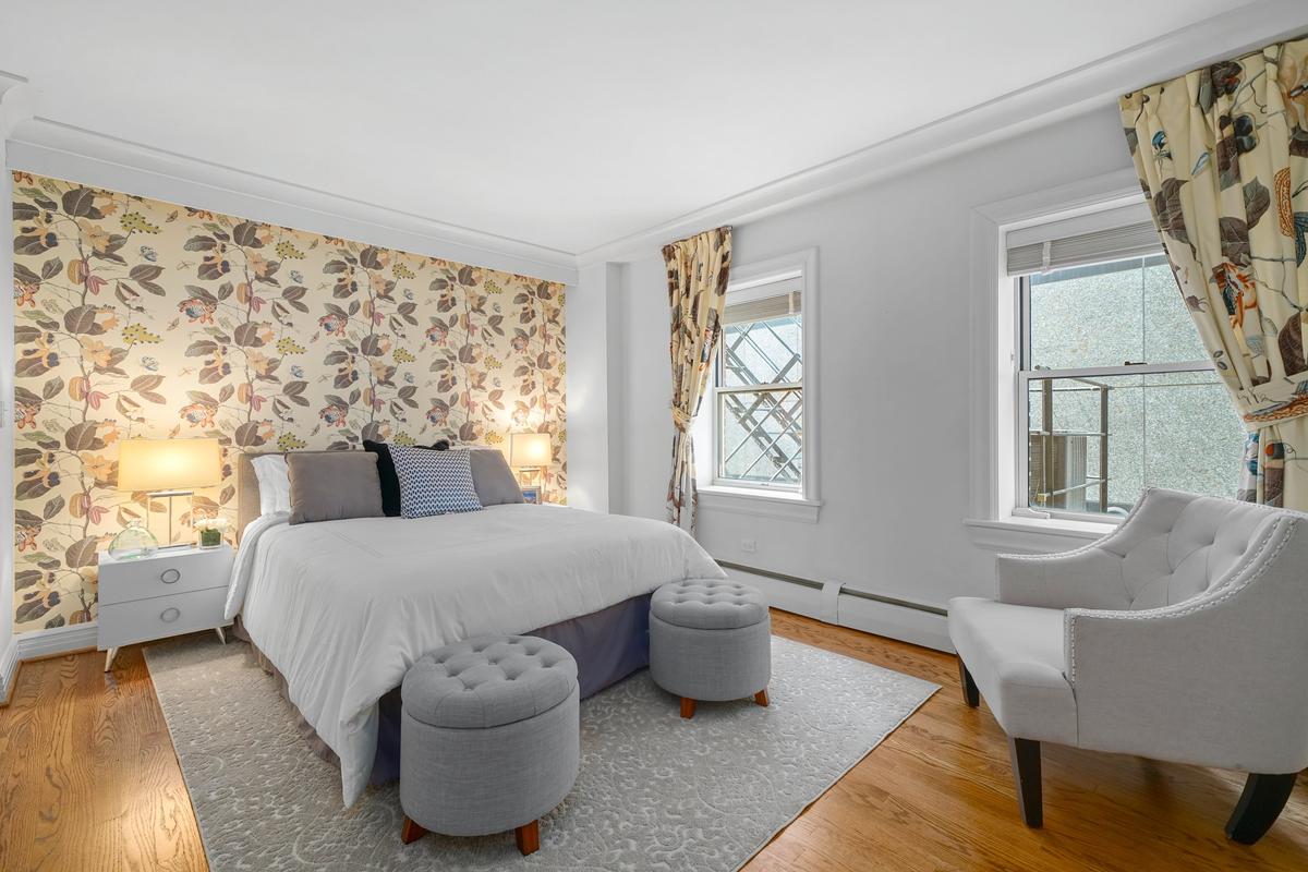 Each of the home’s bedrooms has ensuite privacy features. All the apartment’s main rooms are bathed in ambient light and have views of the courtyard below, or the avenue out front. (Courtesy of Americorp Ltd-Laricy)