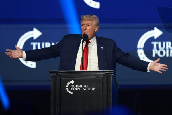 Former President Donald Trump goes off-script and speaks more than an hour longer than planned during the the Student Action Summit put on by Turning Point Action, an offshoot of Turning Point USA, in Tampa on July 23, 2022.  (Joe Raedle/Getty Images)