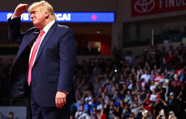 Former President Donald Trump looks towards the crowd as he enters a ‘Save America’ rally in support of Arizona GOP candidates Prescott Valley, Ariz., on July 22, 2022. Arizona's primary election will take place on Aug. 2. (Mario Tama/Getty Images)