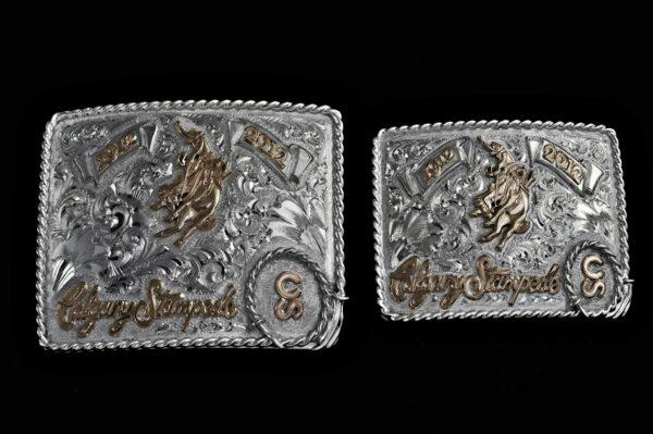 Calgary Stampede 100th anniversary buckle, 2012, by Scott Hardy. Sterling silver, hand-engraved with hand-sculpted figure, and 10-karat gold. (Leslie Hardy)