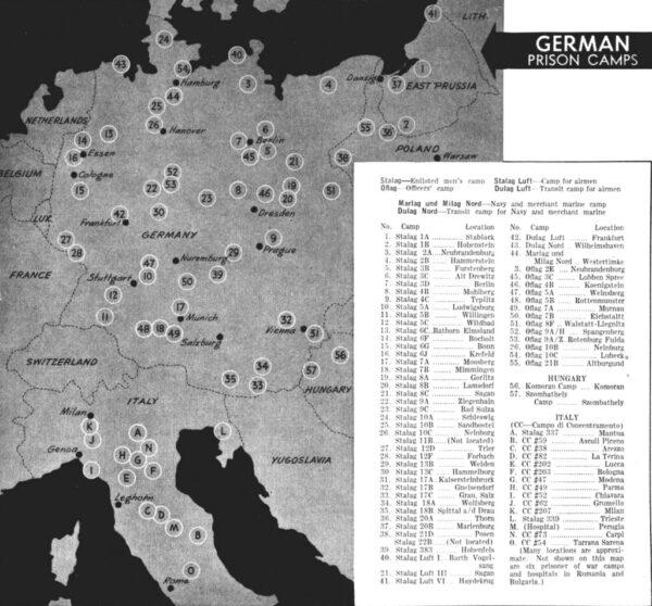 A 1944 map of POW camps in Germany. U.S. Navy All Hands magazine, April 1944. (Public Domain)