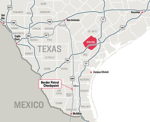 A map shows Goliad County in relation to the U.S.–Mexico border and Houston. (The Epoch Times)