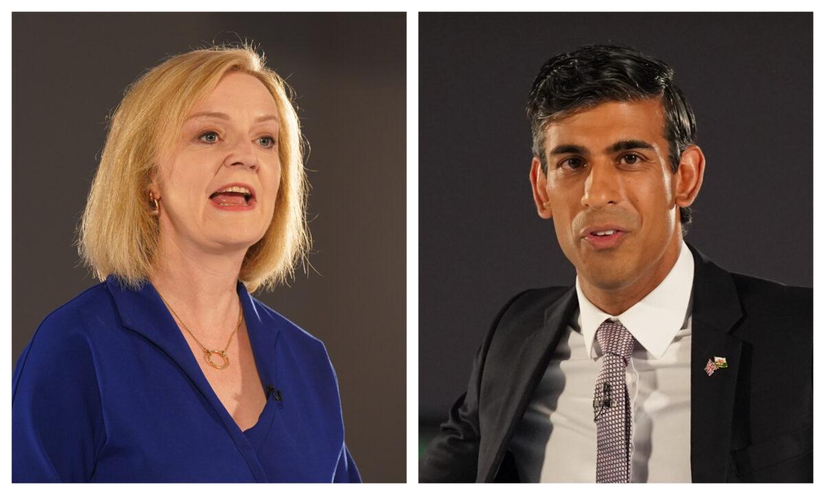 Conservative leadership candidates Liz Truss (L) and Rishi Sunak speaking at a hustings at the All Nations Centre in Cardiff on Aug. 3, 2022. (Jacob King/PA Media)