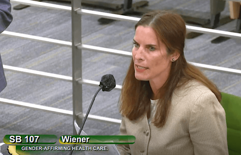 Erin Friday, the mother of a teen who once suffered from gender dysphoria, speaks at a California Assembly Appropriations Committee hearing in Sacramento, Calif., on Aug. 3, 2022. (Screenshot via California State Assembly)