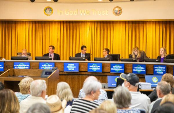 Residents attend a city council meeting involving the rezoning of neighborhoods in Yorba Linda, Calif., on Aug. 2, 2022. (John Fredricks/The Epoch Times)