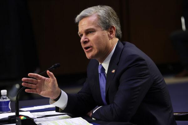 FBI Director Christopher Wray testifies during a hearing before Senate Judiciary Committee on Capitol Hill in Washington, D.C., on Aug. 4, 2022. (Alex Wong/Getty Images)