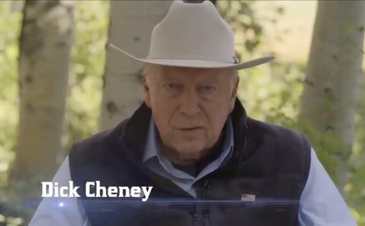 Former Vice President Dick Cheney (R) appears in an ad for his daughter U.S. Rep. Liz Cheney’s (R-Wyoming) reelection campaign. In the ad he calls former President Donald Trump (R) a “coward” and a “threat” who tried to steal the 2020 election. (Screenshot via YouTube)