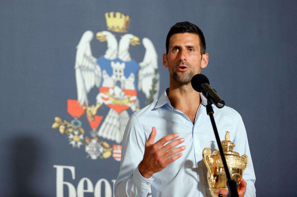 Serbia's Novak Djokovic speaks during press conference after attending his welcoming ceremony celebration at the Belgrade City Hall in Belgrade, Serbia, on July 11, 2022. (Pedja Milosavljevic/AFP via Getty Images)