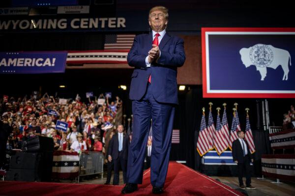 Former President Donald Trump arrives to deliver his speech in Casper, Wyoming on May 28, 2022. The rally was held to support Harriet Hageman, Rep. Liz Cheney’s primary challenger in Wyoming. (Chet Strange/Getty Images)