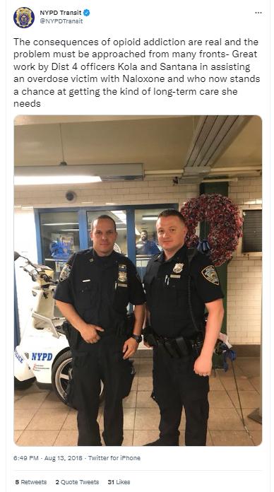 A 2018 tweet from NYPD Transit commending police officer Marjel Kola (R) for aiding an overdose victim. (Courtesy of Marjel Kola)