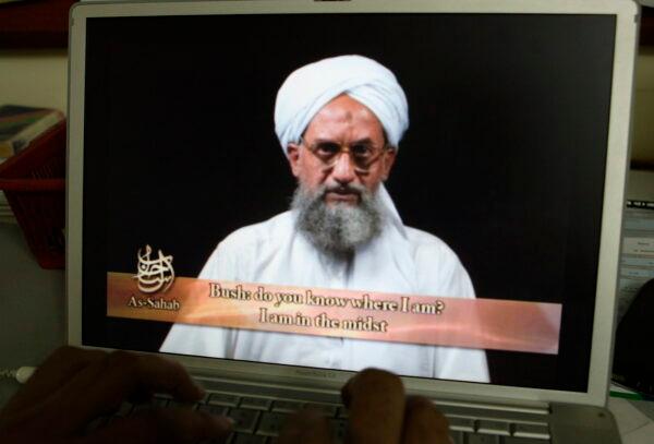 Al-Qaeda's Ayman al-Zawahri speaks in Islamabad on June 20, 2006, on a computer screen from a DVD prepared by Al-Sahab production. (B.K.Bangash/AP Photo)