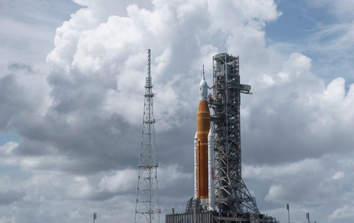 NASA's Space Launch System (SLS) rocket with the Orion spacecraft aboard atop the mobile launcher at Launch Pad 39B at NASA's Kennedy Space Center in Cape Canaveral, Fla., on Aug. 30, 2022. (Joel Kowsky/NASA via AP)