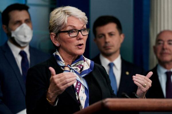 U.S. Secretary of Energy Jennifer Granholm speaks during a briefing about the bipartisan infrastructure law at the White House, on May 16, 2022. (Elizabeth Frantz/Reuters)
